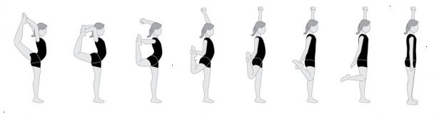Hur man gör en skorpion i cheerleading. Greppa den yttre sidan av den bakre foten med handen från samma sida.
